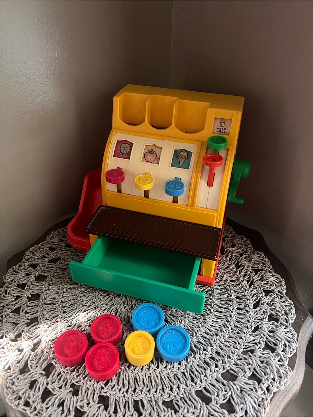 Fisher-Price Vintage Colorful Toy Cash Register with 6 coins- bell works!